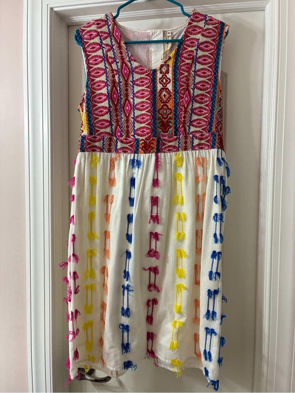 Uncle Frank White Dress with Pink, Blue, Yellow & Orange Embroidery